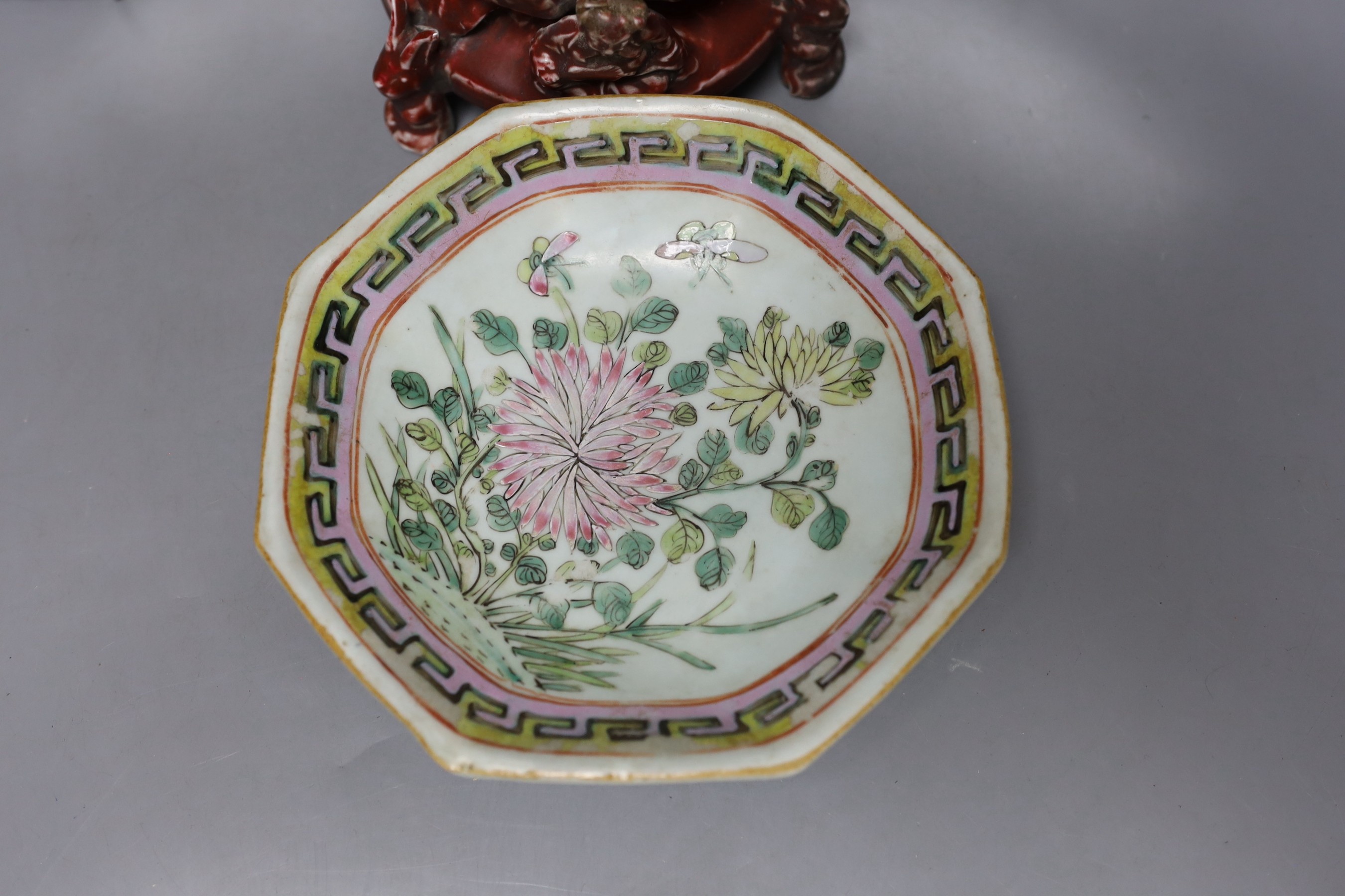 A Chinese sang-de-boeuf glazed pottery incense burner, 21cm high, similar blue and white bowl and a famille rose footed dish together with a Delft plate.